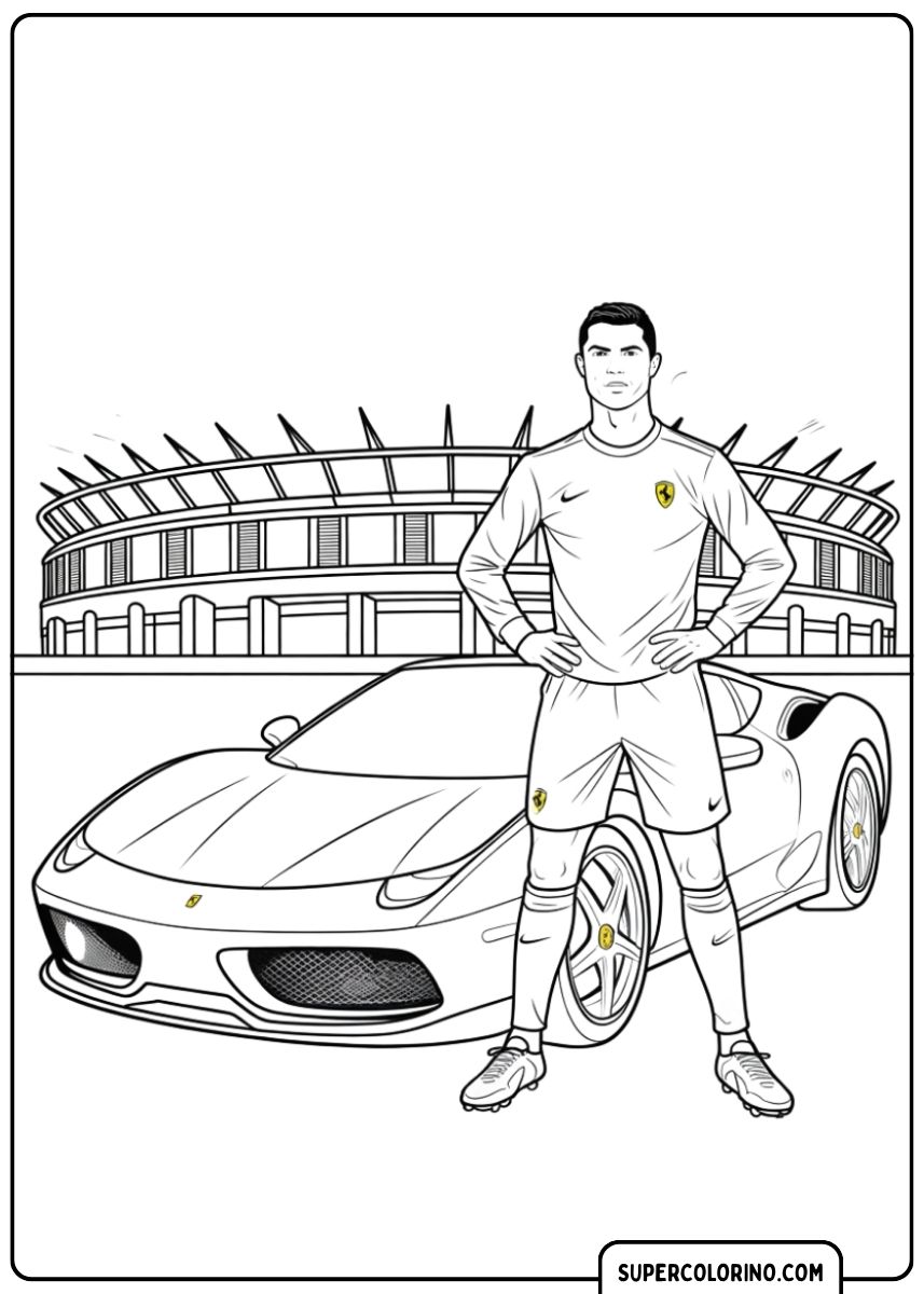 Kleurplaat van Cristiano Ronaldo in voetbaltenue, staande voor een Ferrari 458 en een voetbalstadion.