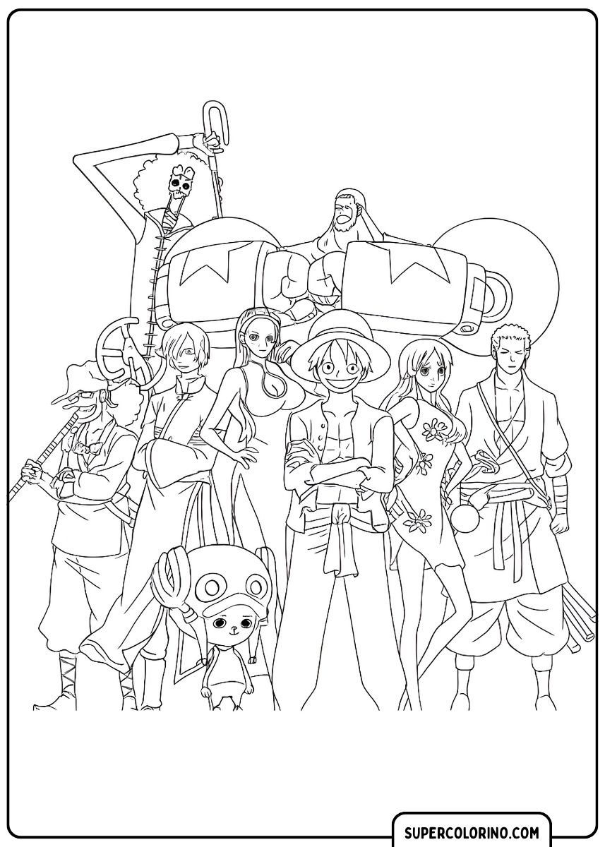 Image à colorier : Les Pirates au Chapeau de Paille vêtus de vêtements traditionnels de style Wano Kimono, avec Luffy au centre.