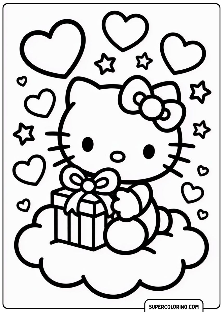 Malvorlage von Hello Kitty auf einer Wolke mit einem Geschenk, umgeben von Herzen und Sternen.