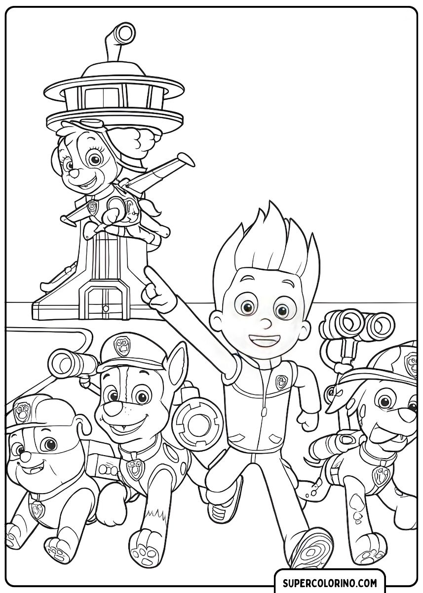 Coloriage PAW Patrol : Ryder et quatre chiots avec la tour de contrôle.