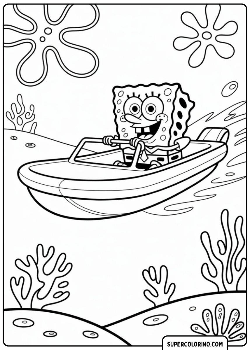 SpongeBob fährt mit seinem Boot unter Wasser und winkt fröhlich.