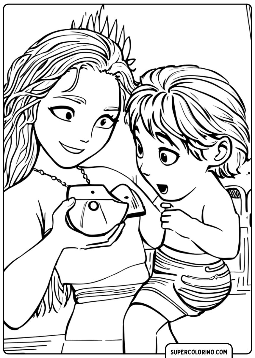 Image à colorier : Vaiana montre à l'enfant un coquillage avec le Cœur de Te Fiti