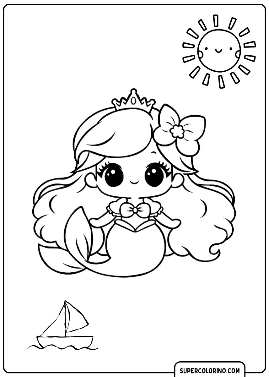Image à colorier d'une petite sirène chibi avec des cheveux flottants, une petite couronne, un voilier et un soleil souriant.
