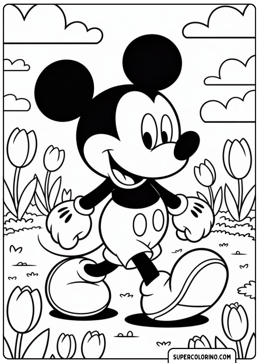 Coloriage Mickey Mouse se promène joyeusement dans un champ de tulipes sous les nuages.