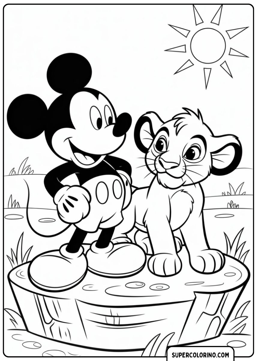 Image à colorier : Mickey Mouse et le jeune Simba (Le Roi Lion) sur un rocher.
