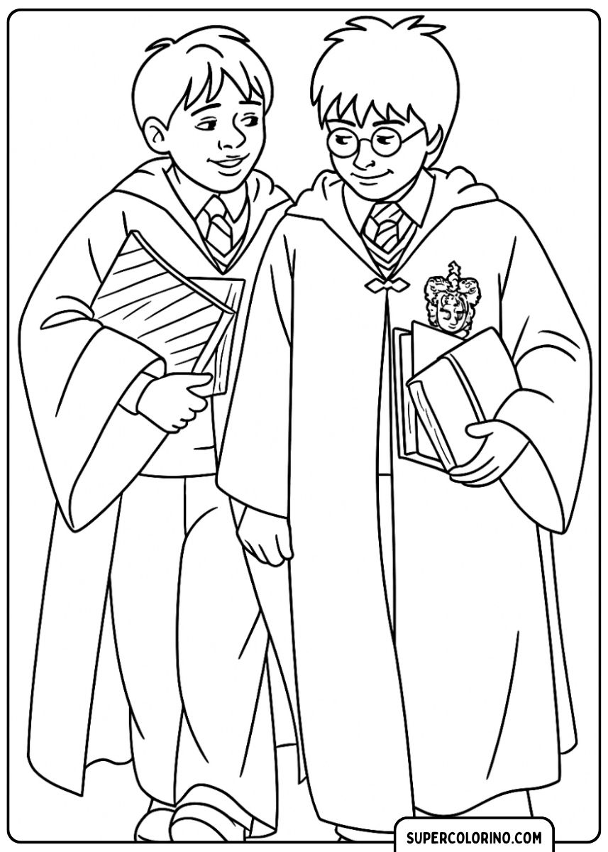 Harry Potter et Ron Weasley en cape de Poudlard avec des livres.