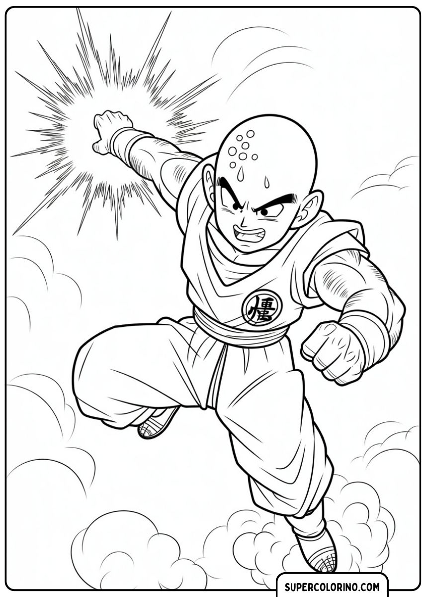 Kleurplaat van Krillin die een Ki-explosie of een Destroyer Disc-aanval afvuurt.