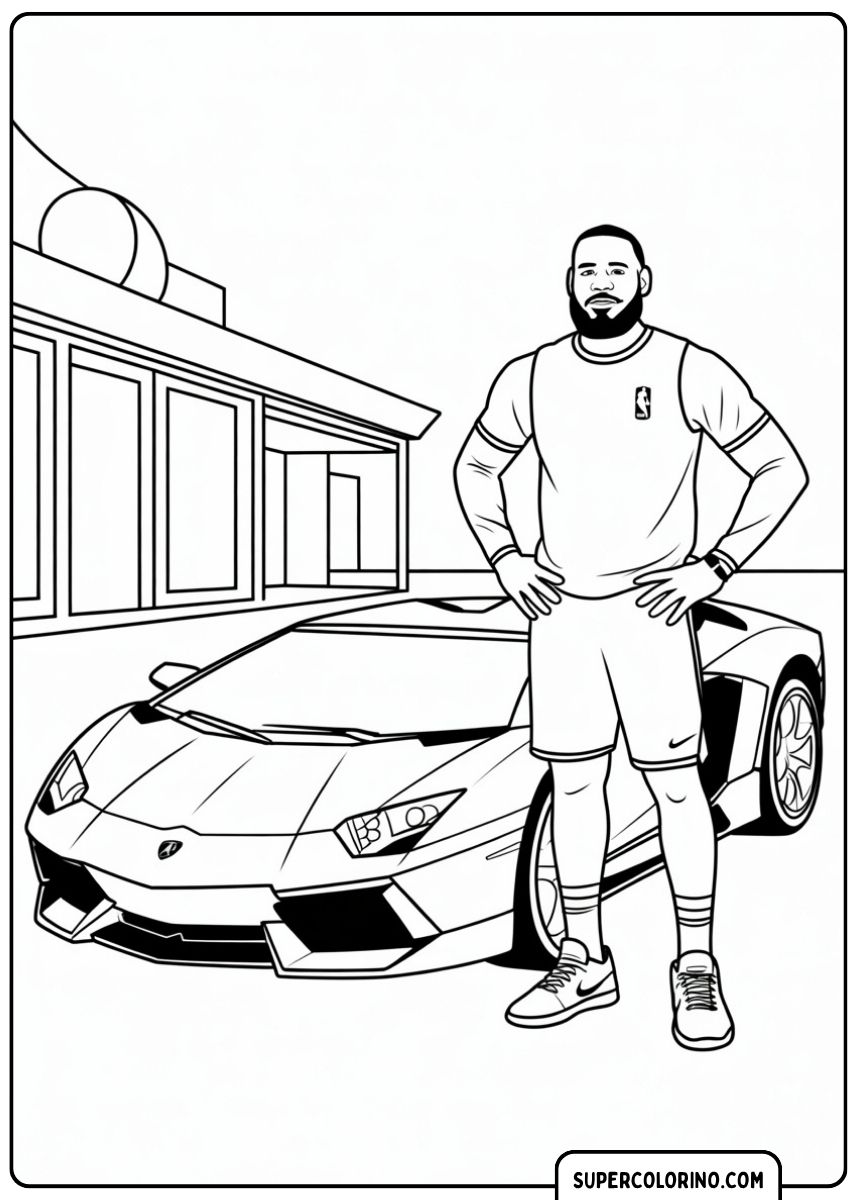 Immagine da colorare della star del basket LeBron James accanto a una Lamborghini Aventador.