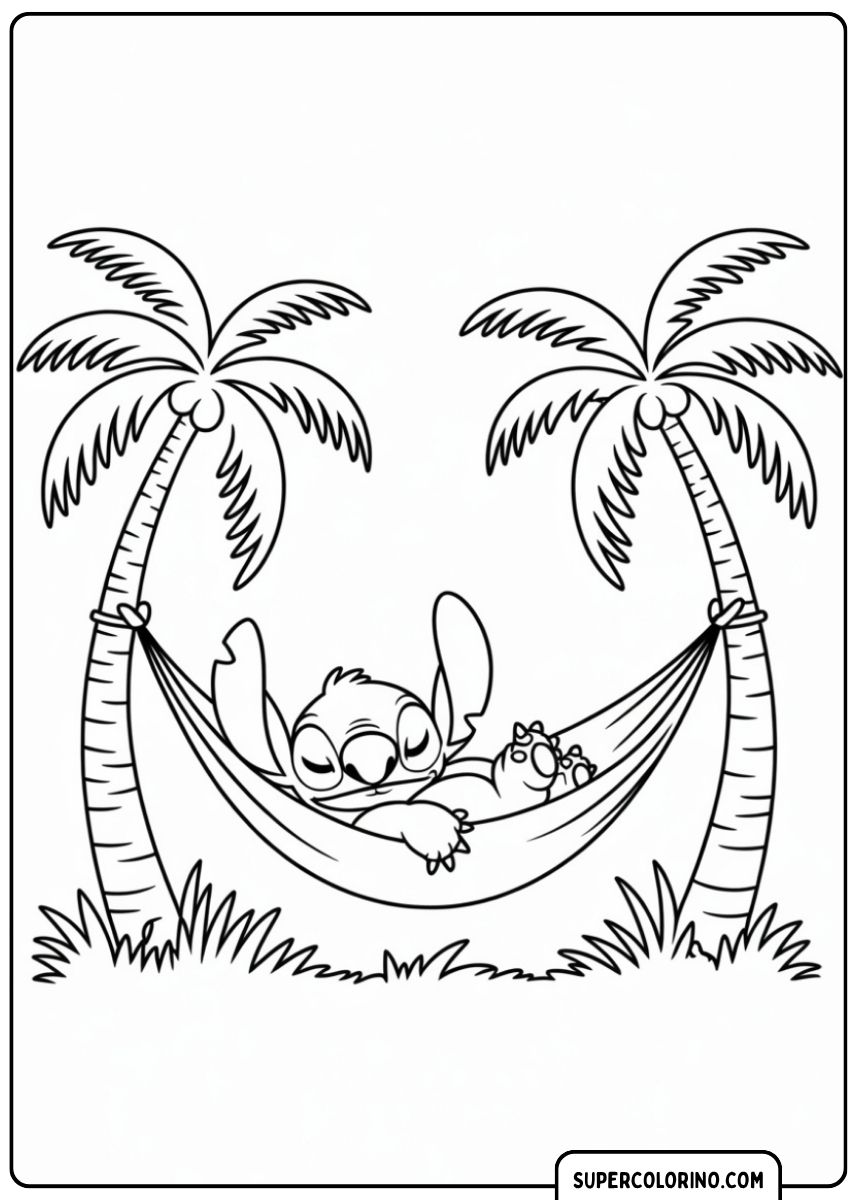 Stitch doet een dutje in een hangmat tussen twee palmbomen.