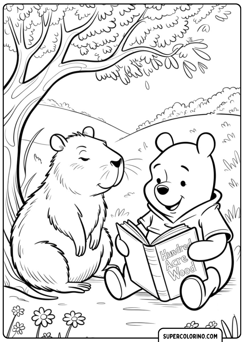 Malvorlage: Capybara und Winnie the Pooh lesen ein Buch im Hundert-Morgen-Wald unter einem Baum.