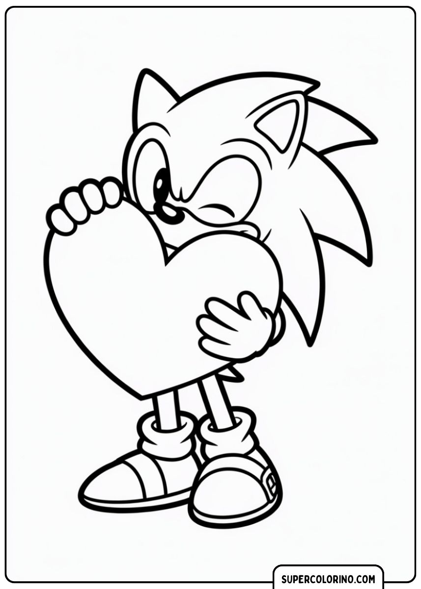 Kleurplaat: Sonic the Hedgehog omhelst een groot hart en knipoogt.