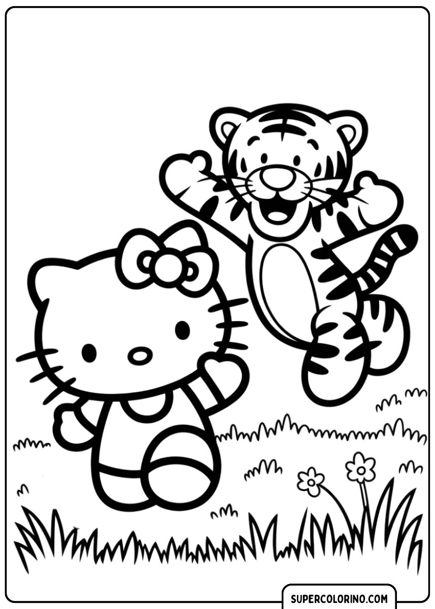 Kleurplaat van Hello Kitty zwaaiend naast een lachende tijger in een weiland met bloemen.