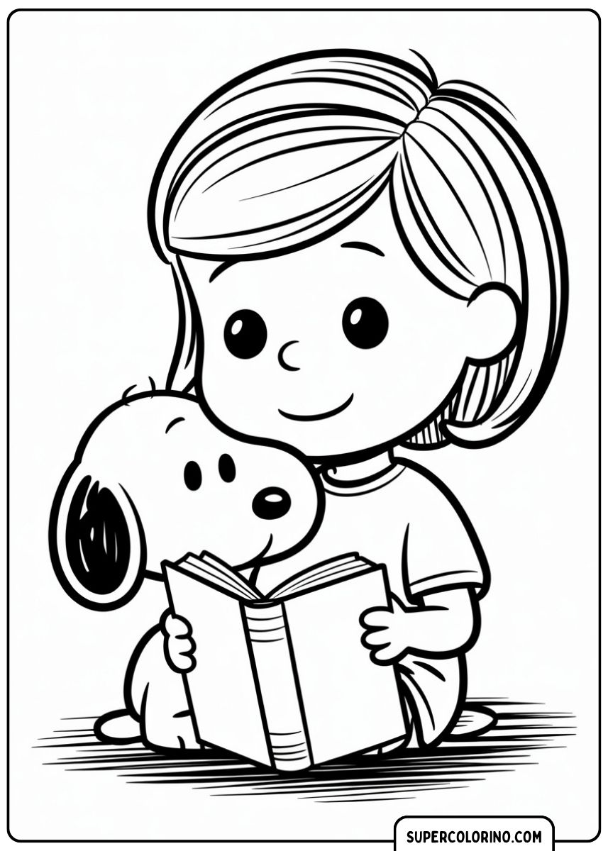 Ein kleines Mädchen und Snoopy lesen gemeinsam lächelnd ein offenes Buch.