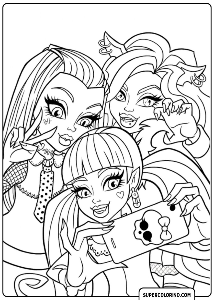 Kleurplaat van Monster High Ghouls die een selfie maken