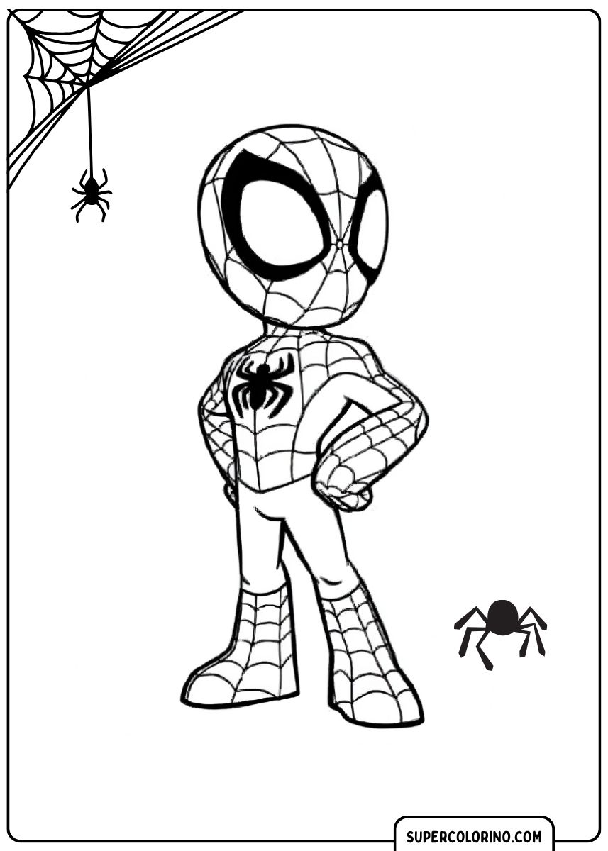 Malvorlage von Spidey (Peter Parker) im Chibi-Stil, stehend mit den Händen auf den Hüften.