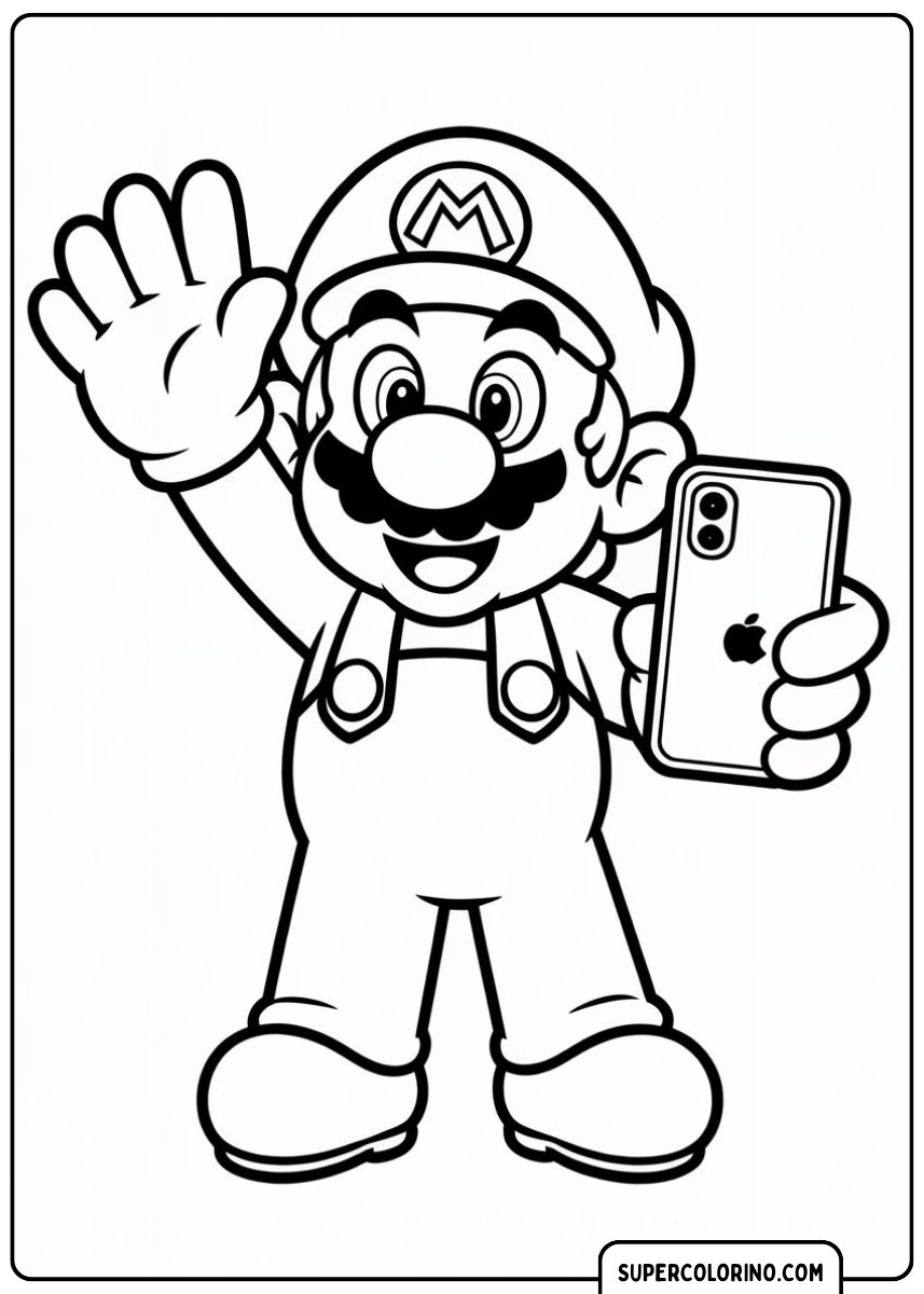 Mario, der Held des Videospiels, winkt und hält ein iPhone.