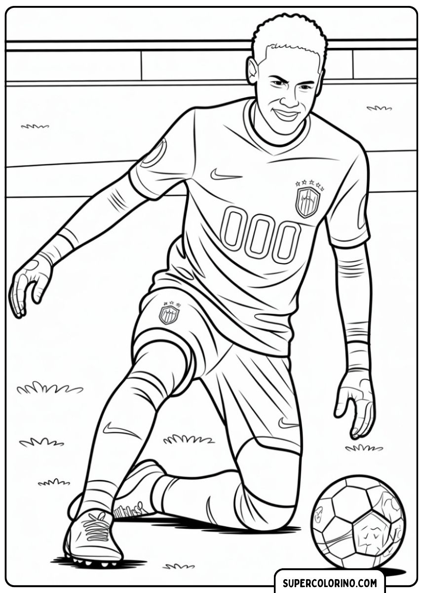 Kleurplaat van een voetballer (vergelijkbaar met Neymar) geknield op het veld.