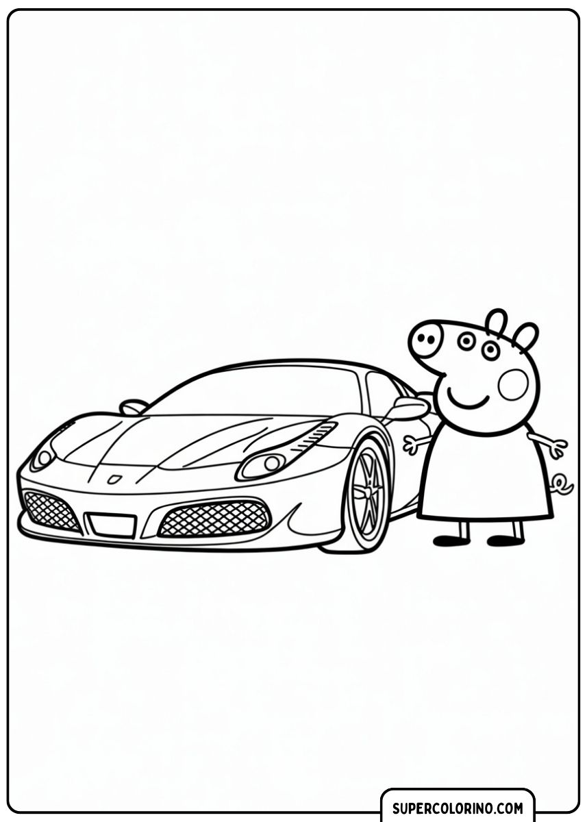 Kleurplaat van Peppa Pig die lacht terwijl hij naast een moderne Ferrari-sportwagen staat.