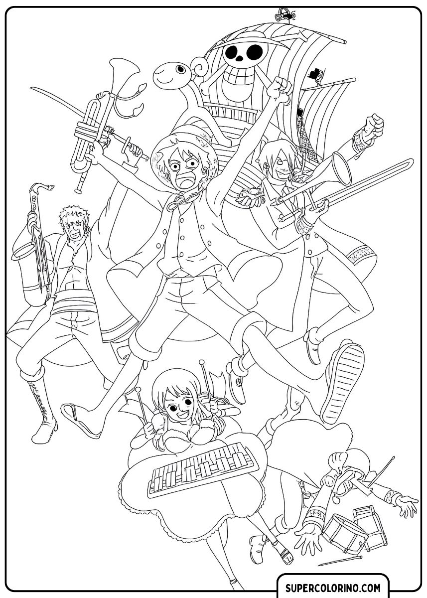 Image à colorier : Les Pirates du Chapeau de Paille en fanfare, jouant des instruments, avec le Thousand Sunny en arrière-plan.