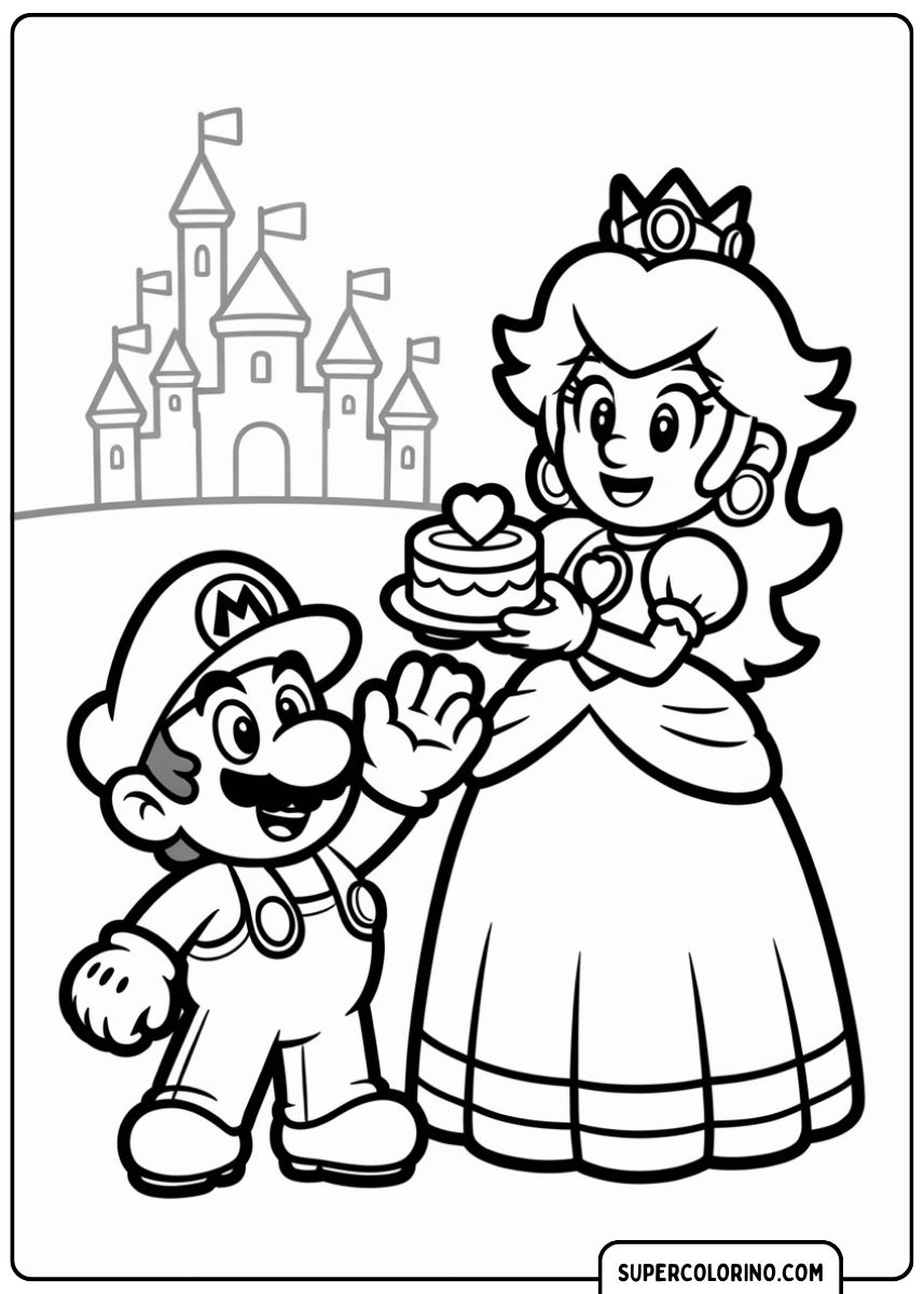 Malvorlage von Prinzessin Peach, die Mario einen Kuchen mit Herz anbietet.