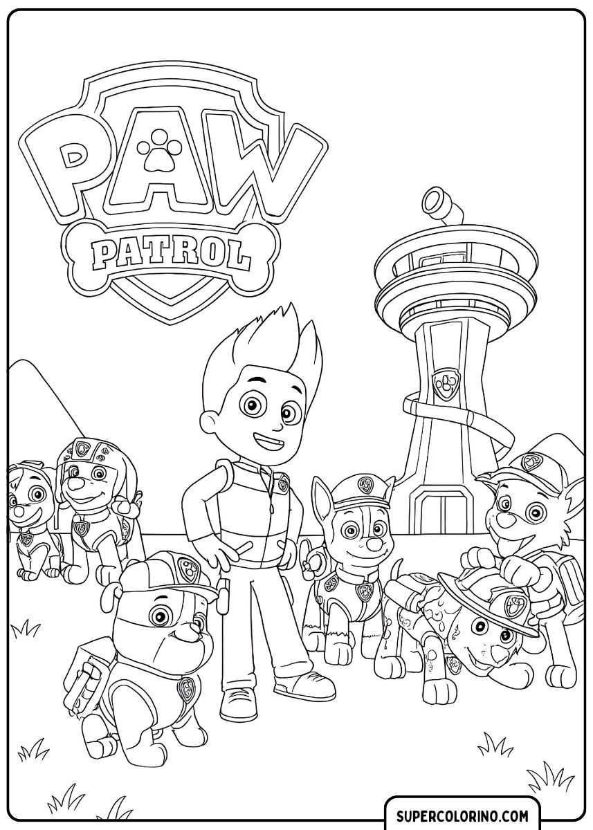 Coloriage PAW Patrol : Ryder et cinq chiots devant le centre de contrôle.