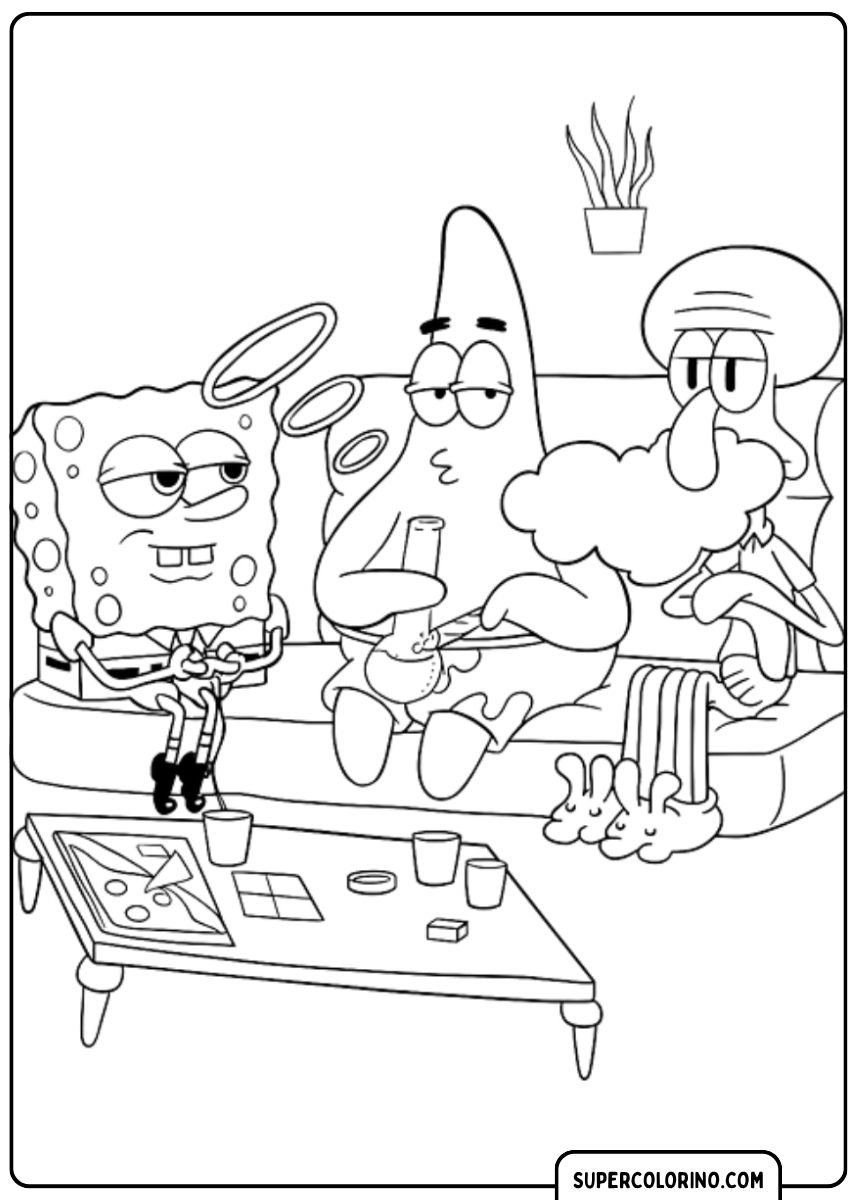 SpongeBob, Patrick und Thaddäus Tentakel sitzen zusammen auf einer Couch.