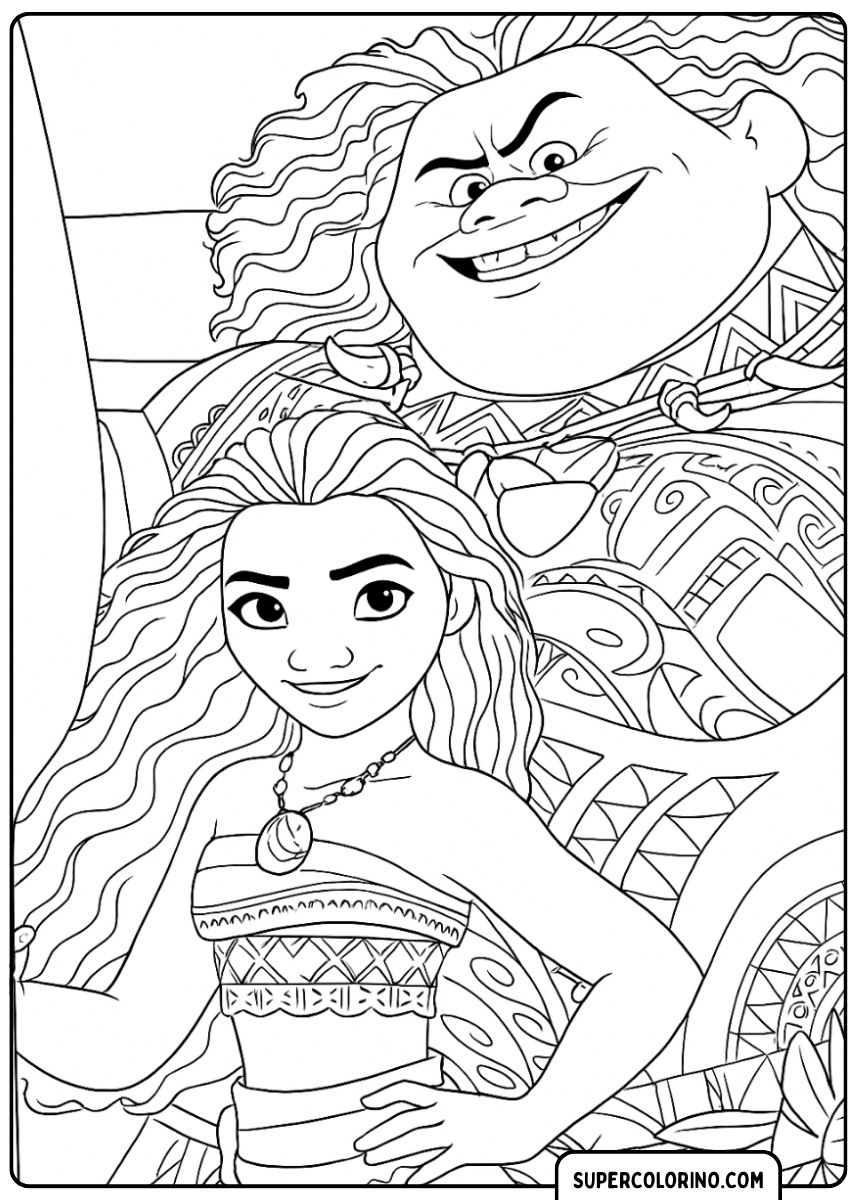 Image à colorier : Vaiana et Maui en version aventure