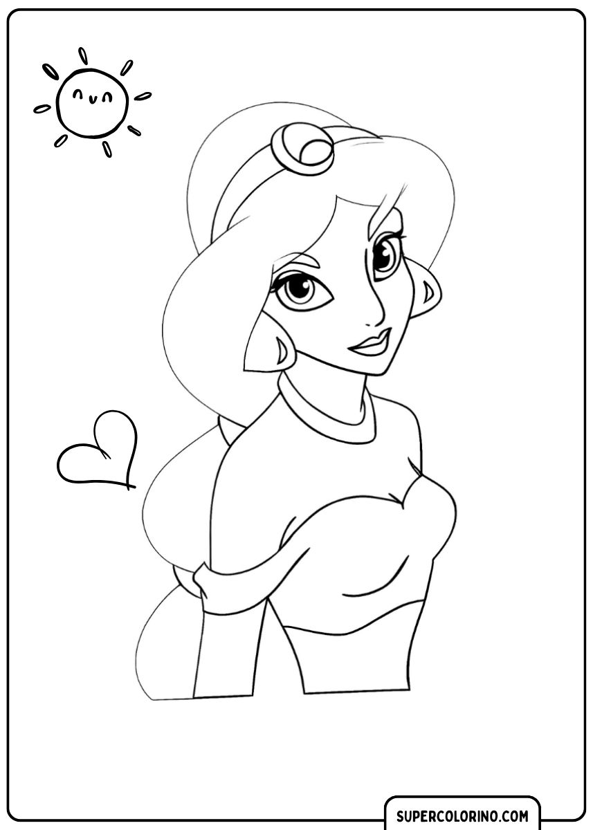 Ausmalbild von Prinzessin Jasmin aus Aladdin, lächelnd mit hochgestecktem Haar et un petit sommeil.
