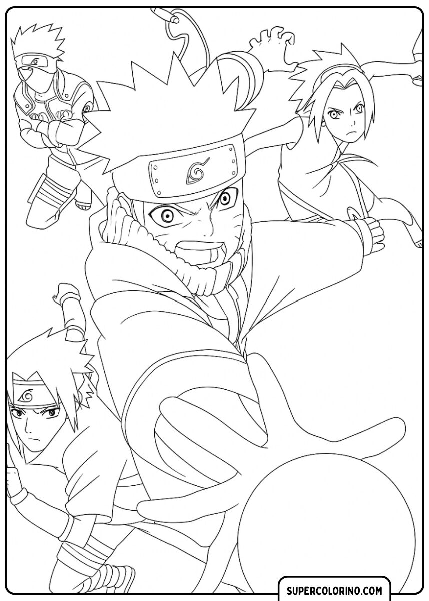 Ausmalbild von Team 7 in Aktion, wobei Naruto das Rasengan benutzt.