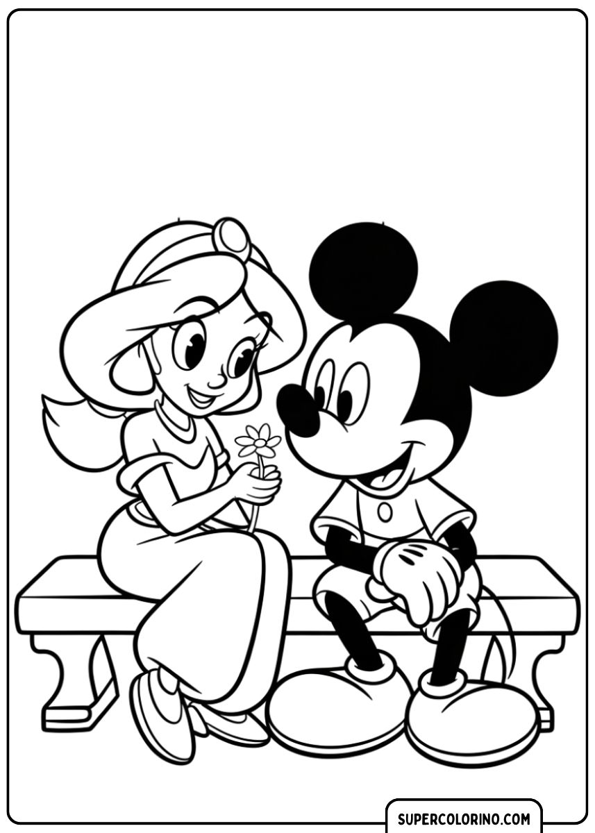 Image à colorier : Mickey Mouse et la princesse Jasmine assises sur un banc, elle a une fleur.