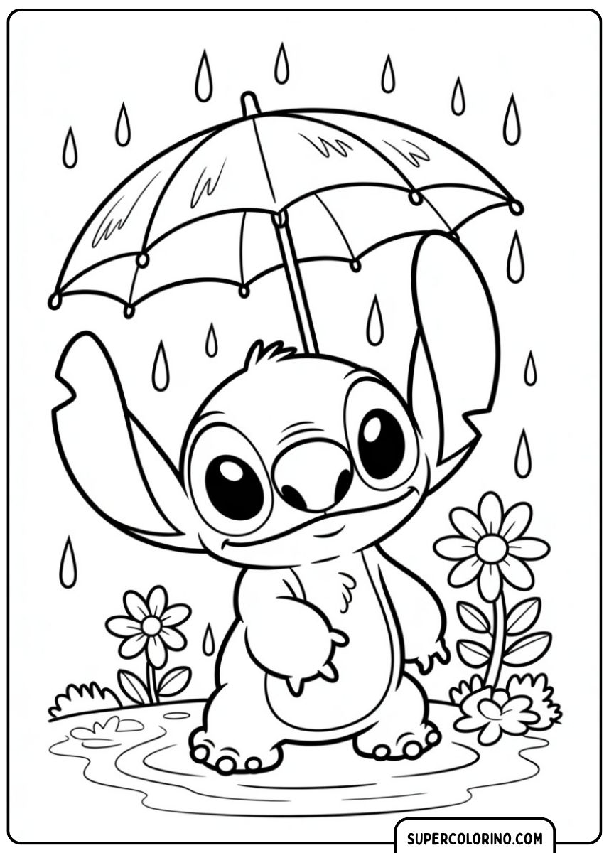 Coloriage Stitch avec un parapluie sous la pluie printanière parmi les marguerites.