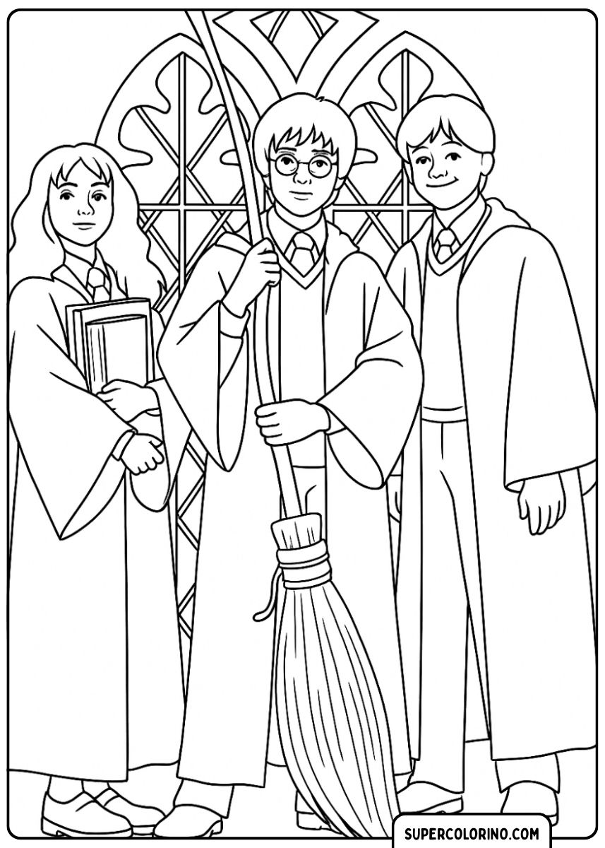 Hermione, Harry (avec balai) et Ron dans les capes de Poudlard.