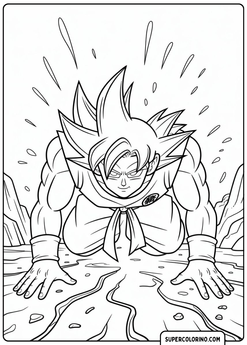 Kleurplaat van Goku in een intense buigpositie, waarbij zijn kracht de grond doet barsten.