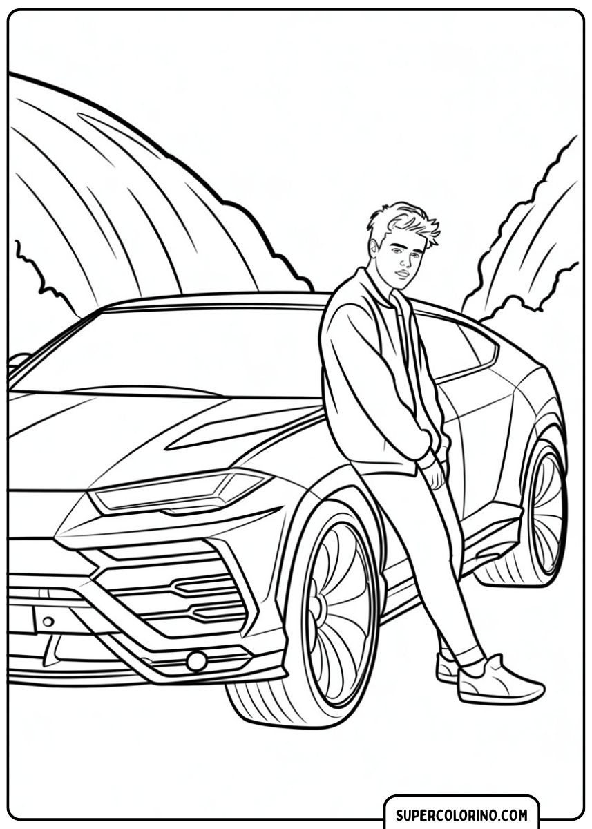 Disegno da colorare di un giovane celebrity appoggiato a una Lamborghini Urus con sfondo naturale.