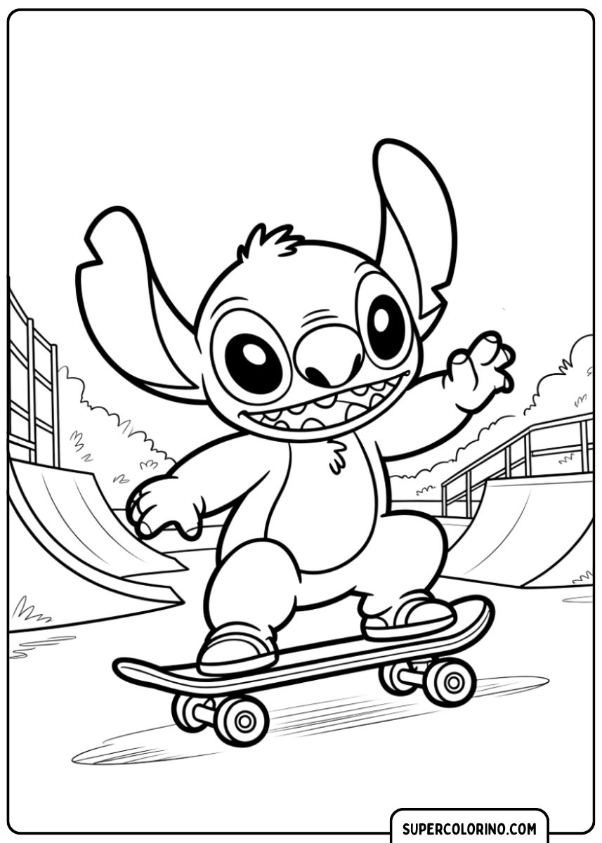 Stitch skateboards in een skatepark.