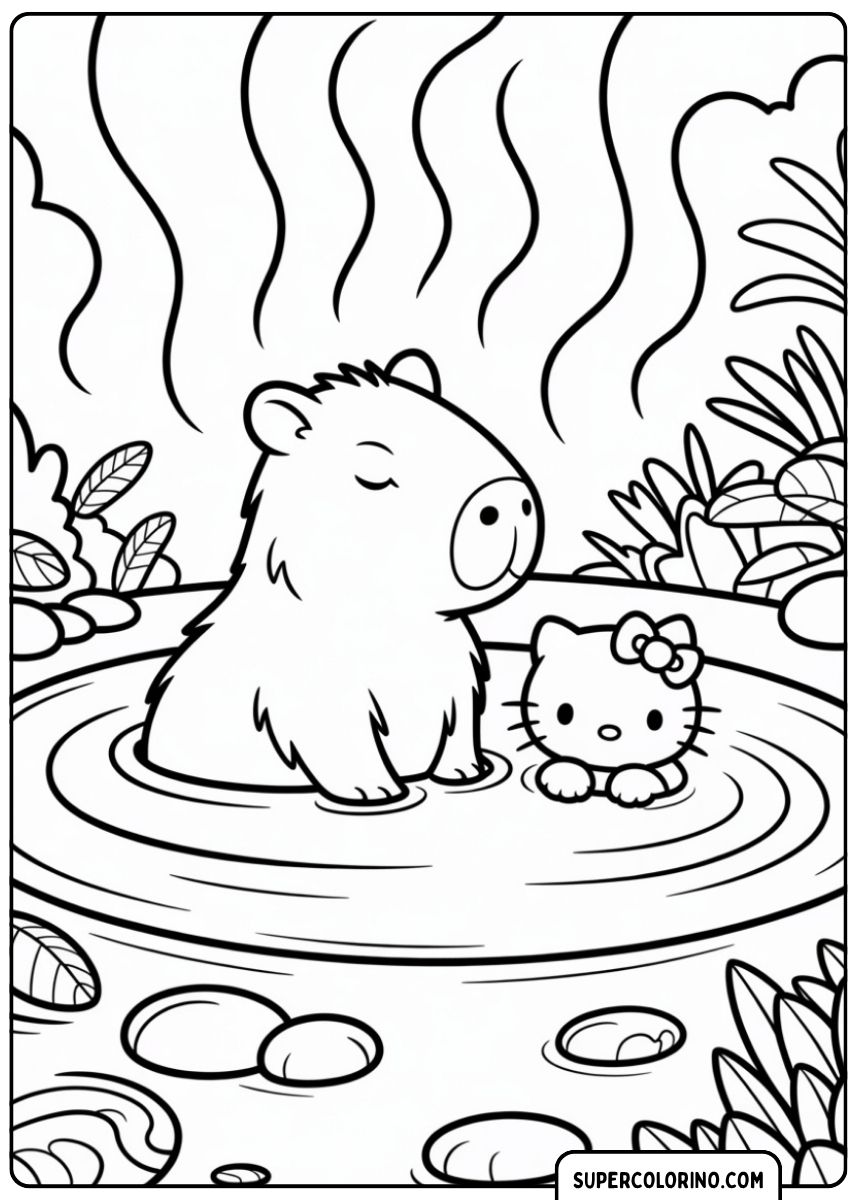 Malseite: Capybara und Hello Kitty in einem Onsen (heiße Quelle), umgeben von Dampf und Pflanzen.