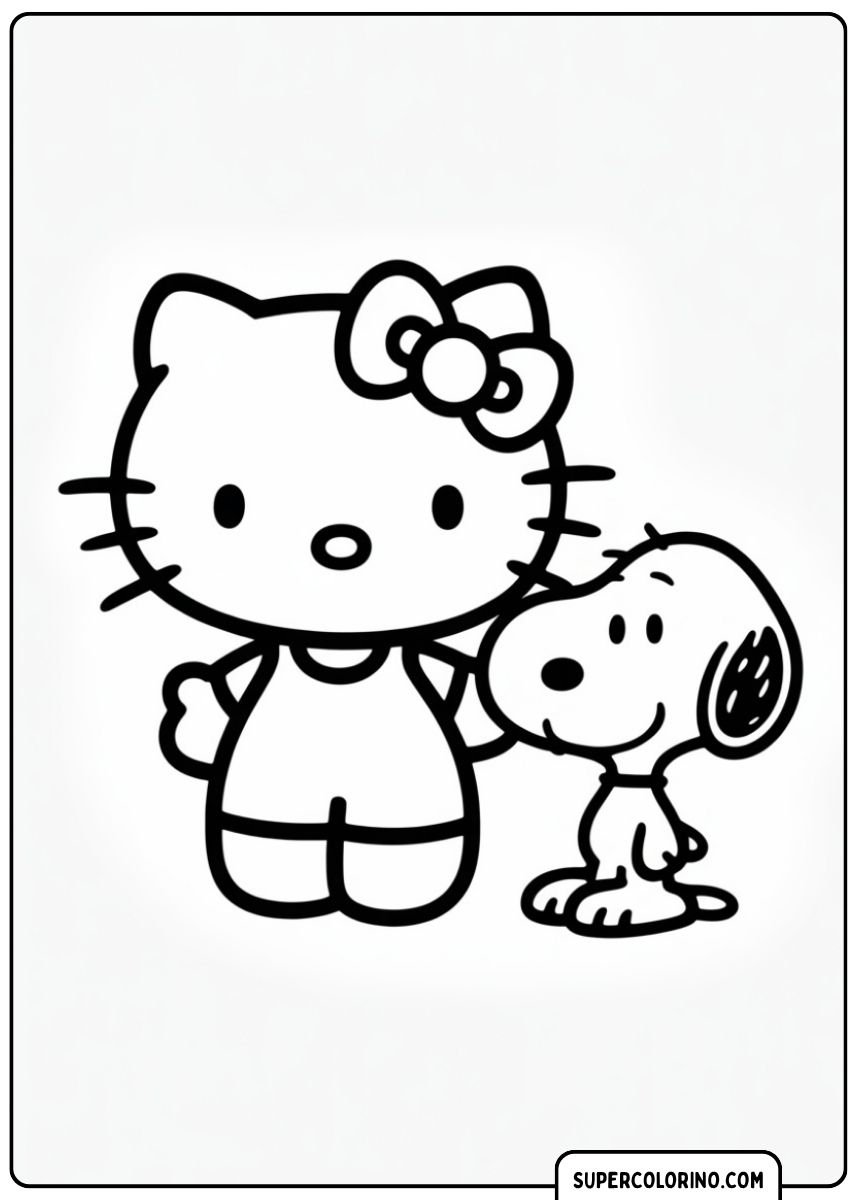 Kleurplaat van Hello Kitty en Snoopy de beagle die naast elkaar staan.