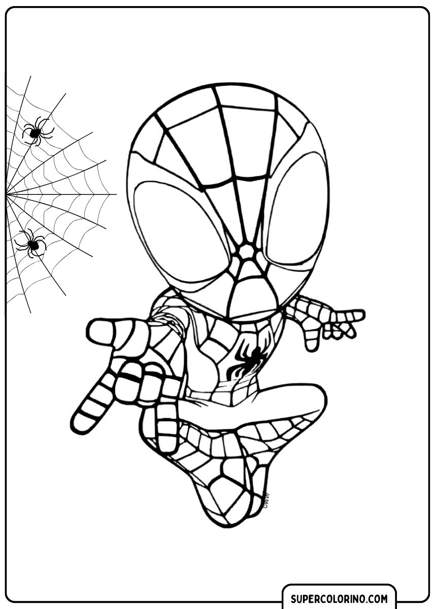 Malvorlage eines Chibi-Spideys in Netzschleuder-Pose mit ausgestrecktem Arm.