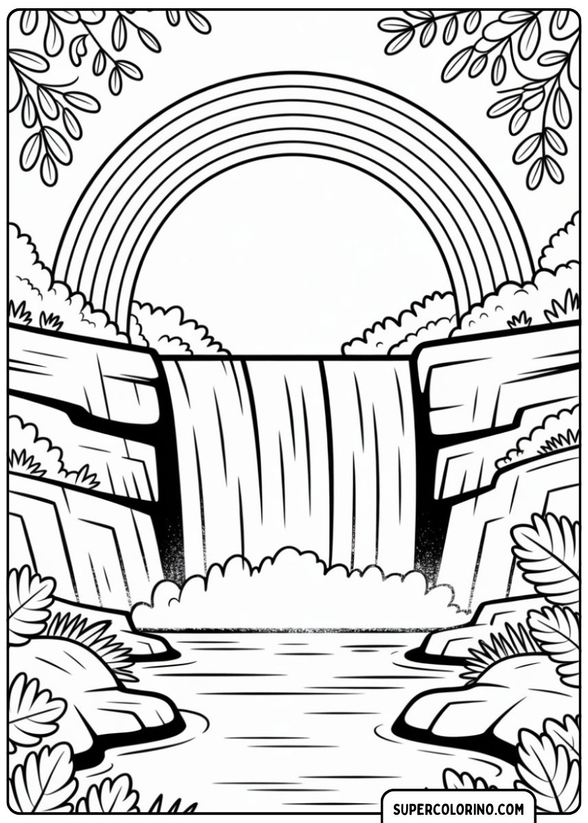 Coloriage d'une belle scène naturelle avec une cascade et un grand arc-en-ciel.