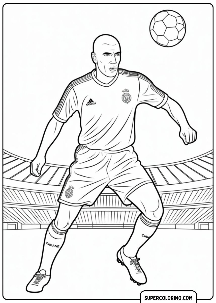 Kleurplaat van Zinedine Zidane die een Real Madrid-shirt draagt ​​terwijl ze dribbelt.