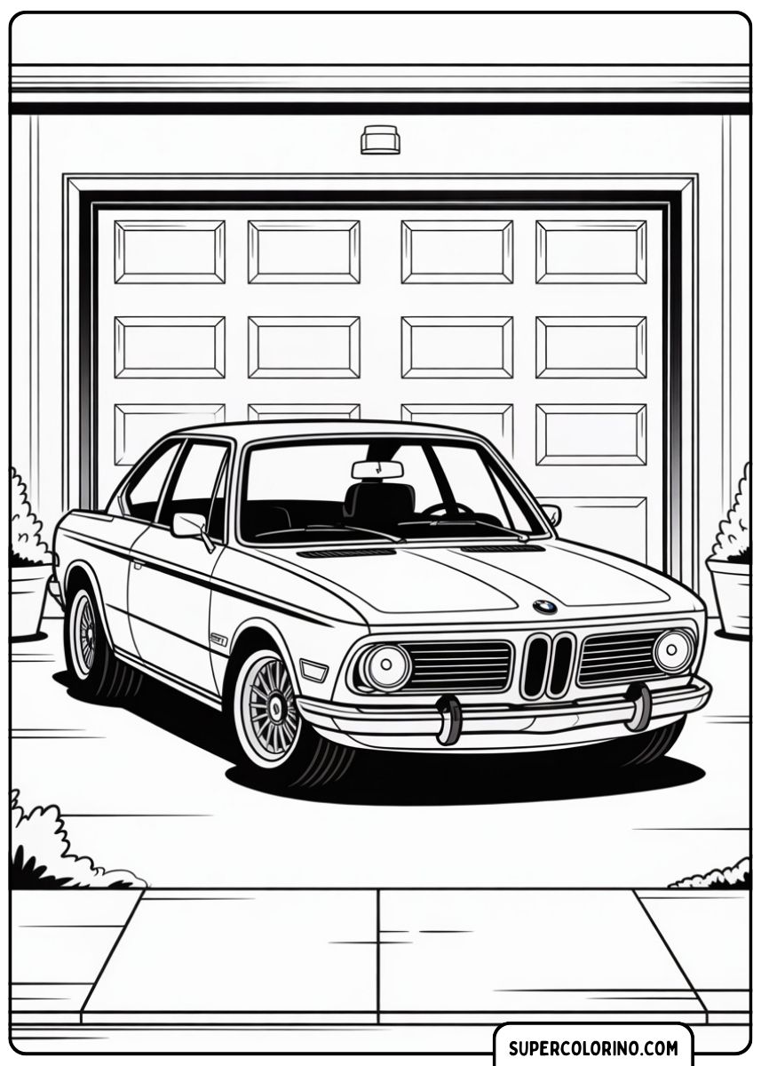 Malvorlage BMW Coupé: Klassisches Coupé vor einer großen Garage.