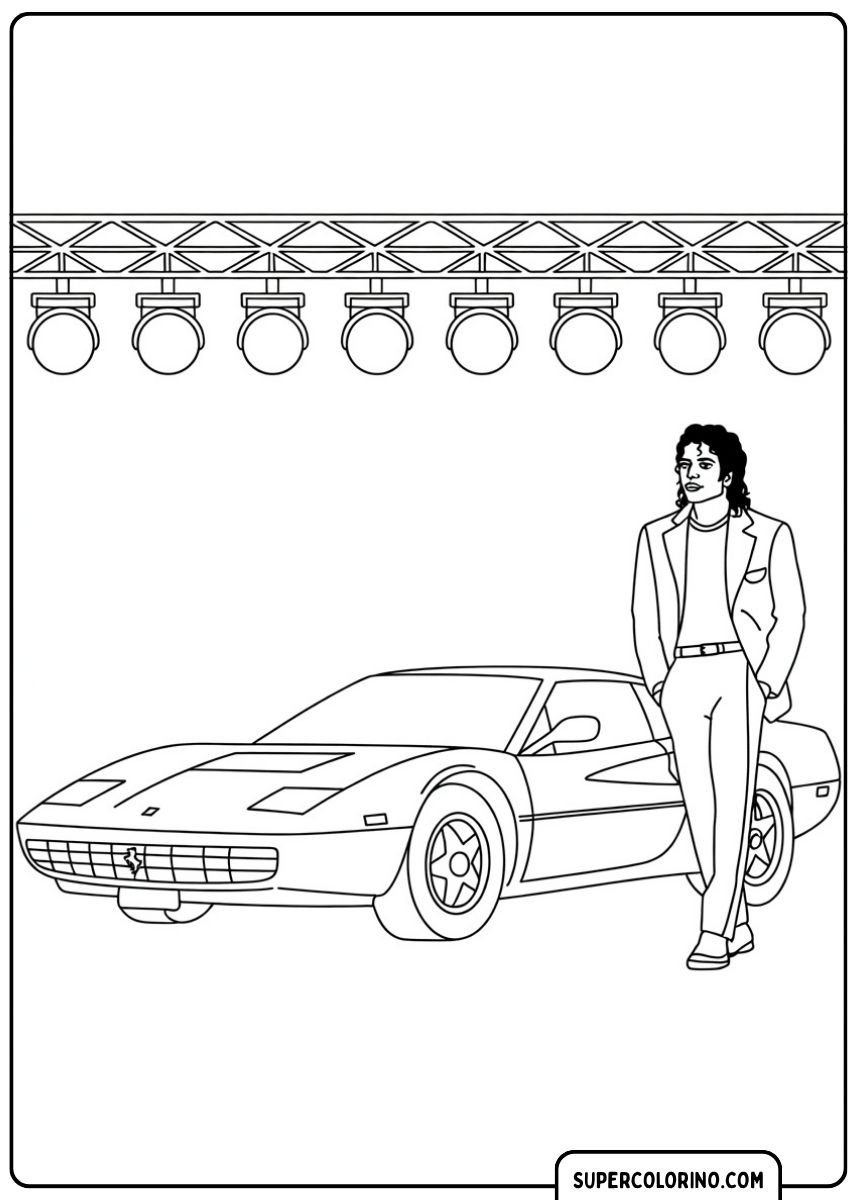 Kleurplaat van Michael Jackson in pak, staande naast een klassieke Ferrari 328 of 348 onder de podiumverlichting.