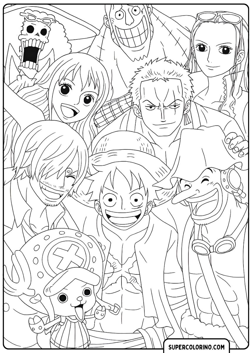 Coloriage : Les Pirates au Chapeau de Paille dans une photo de groupe serrée, souriante et joyeuse. Membres : Luffy, Zoro, Nami, Sanji, Usopp, Chopper, Robin, Brook et Franky.