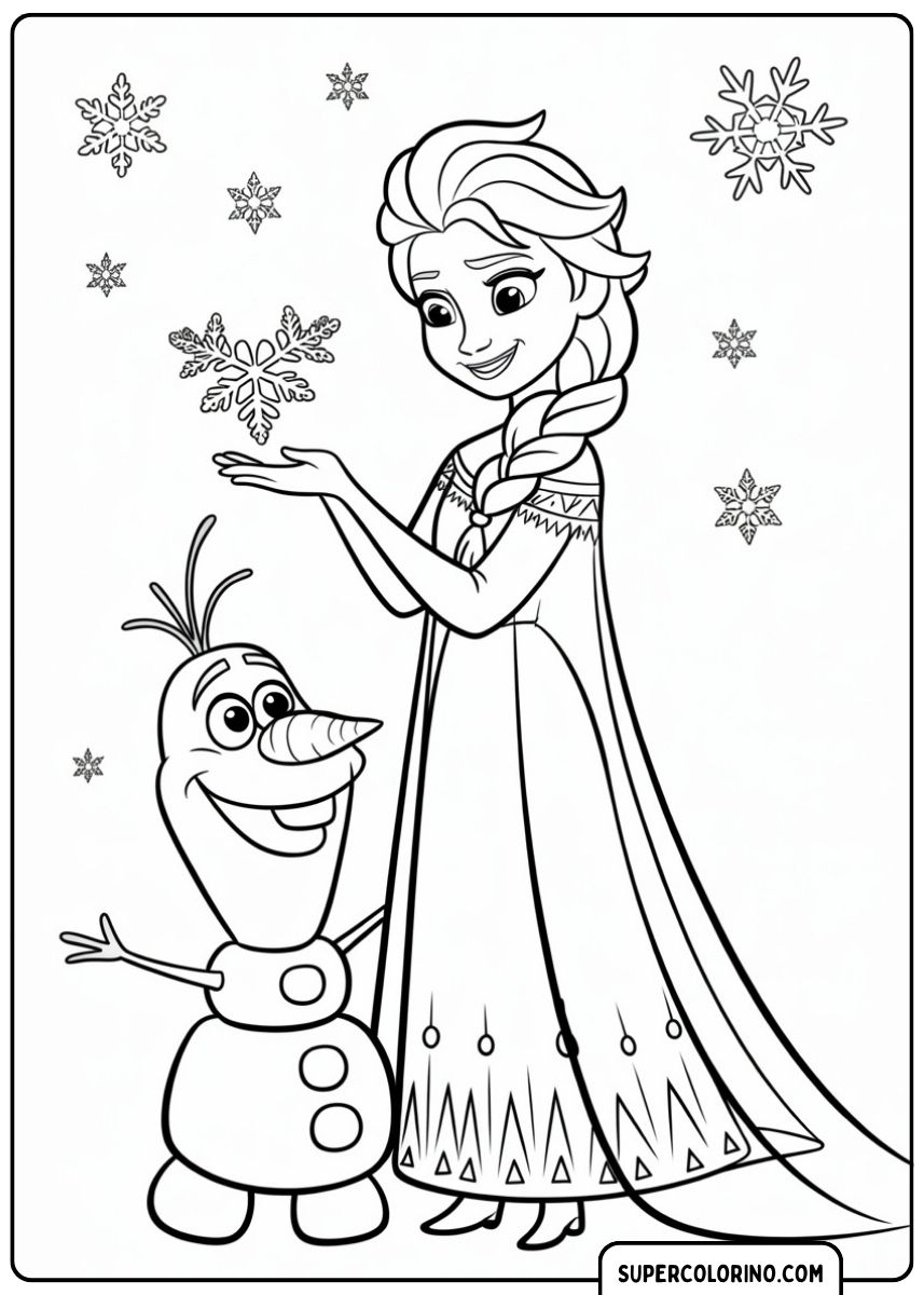 Malvorlage von Elsa und Olaf, umgeben von Schneeflocken.