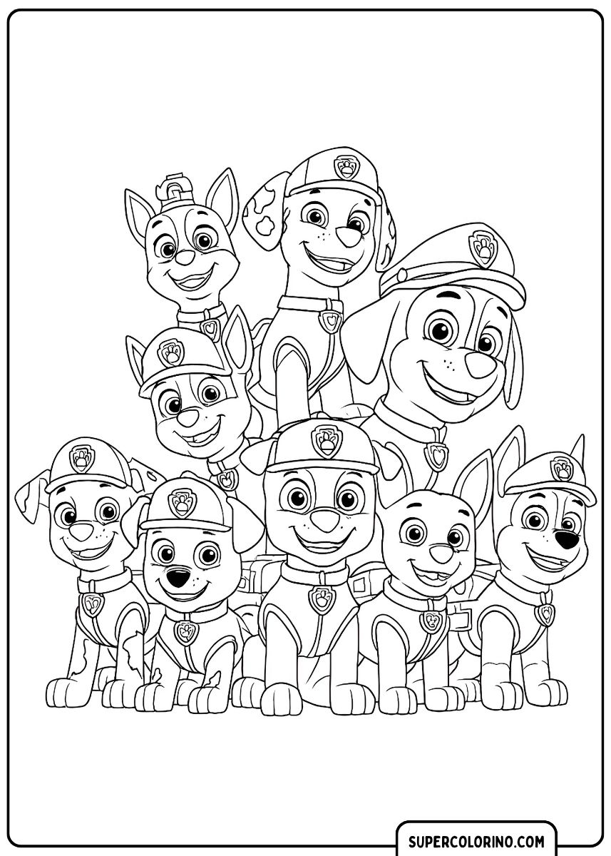Coloriage PAW Patrol : Huit chiots en pose de groupe.