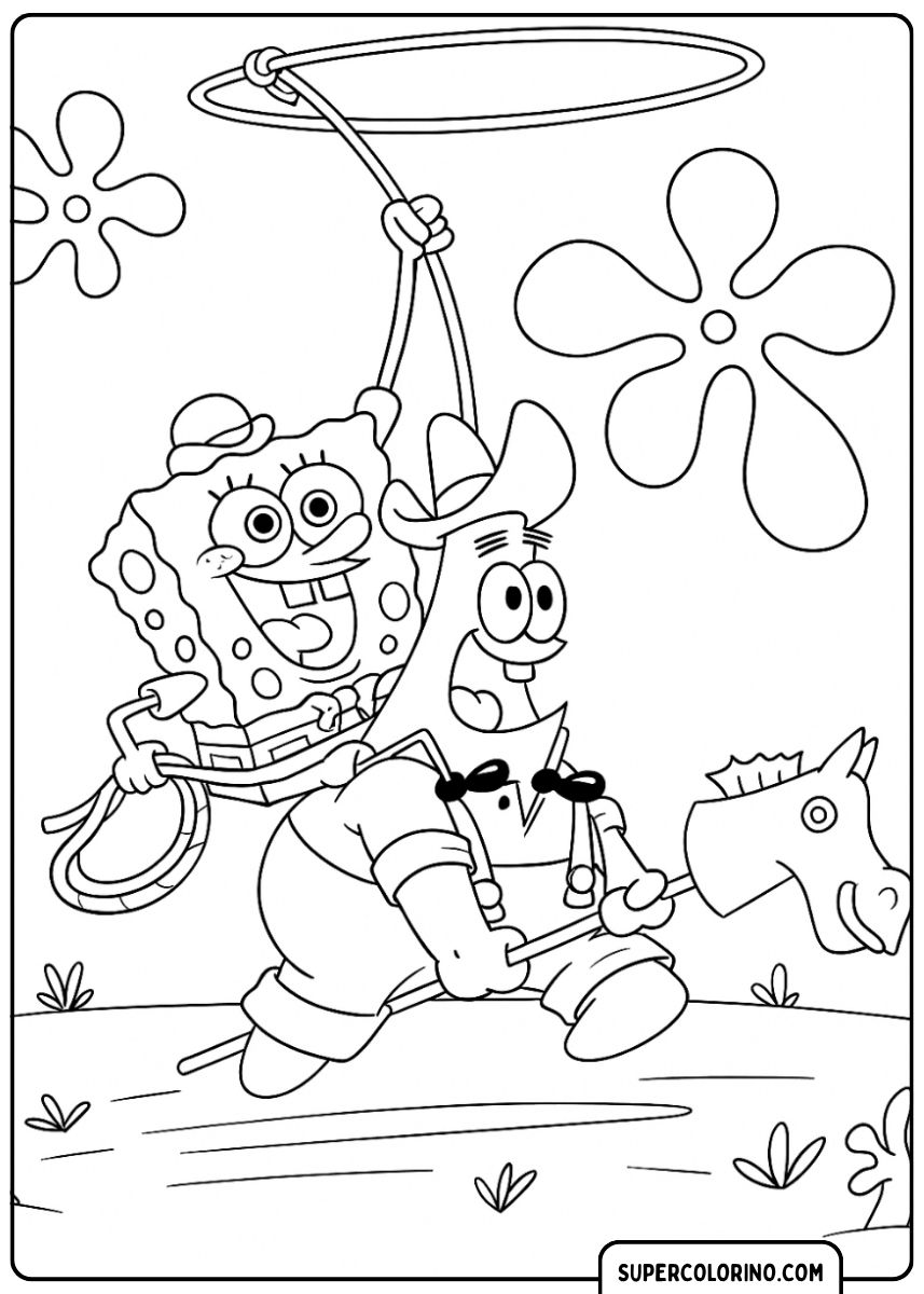 SpongeBob und Patrick reiten als Cowboys auf einem Schaukelpferd.