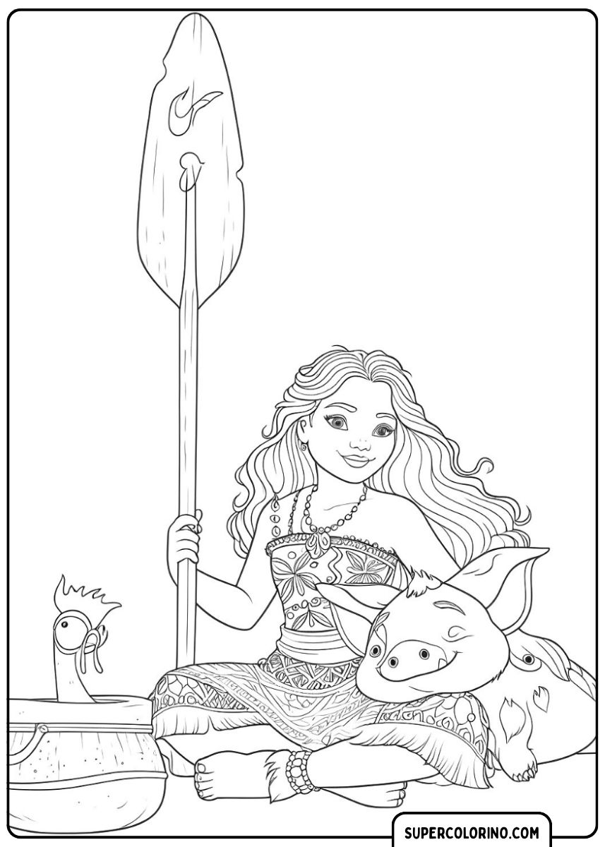 Coloriage : Moana, Pua et Heihei adultes sur le bateau avec une rame