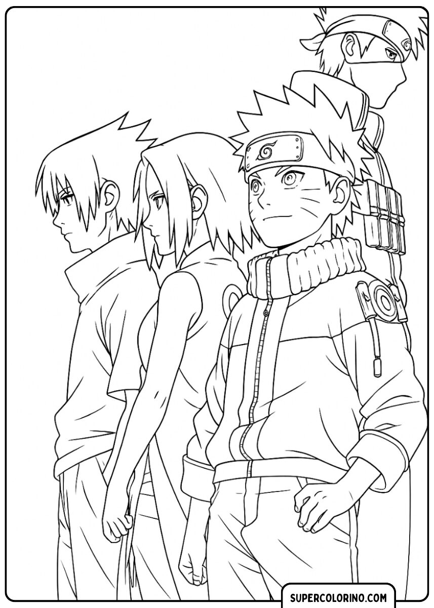 Ausmalbild von Team 7 (Naruto, Sakura, Sasuke) und Kakashi in einer Reihe.