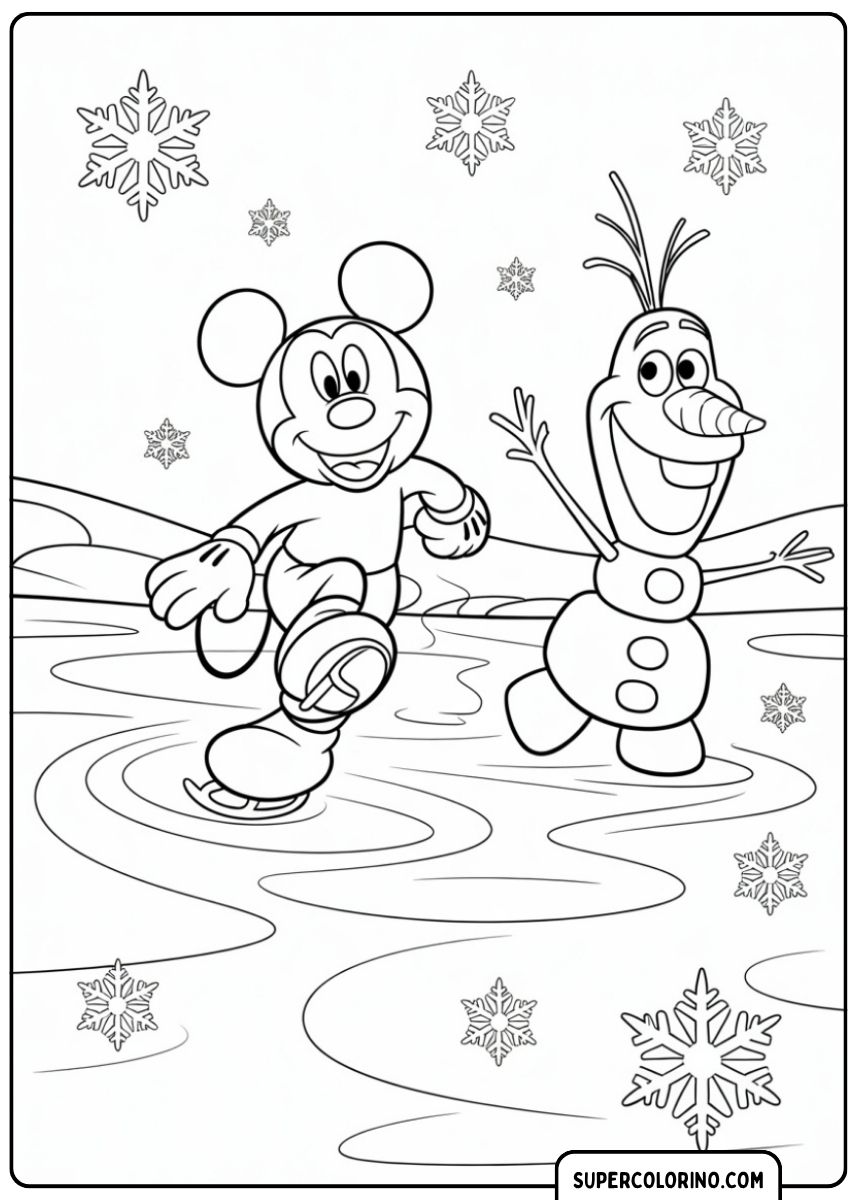 Coloriage : Mickey et Olaf (La Reine des Neiges) patinent sur glace.