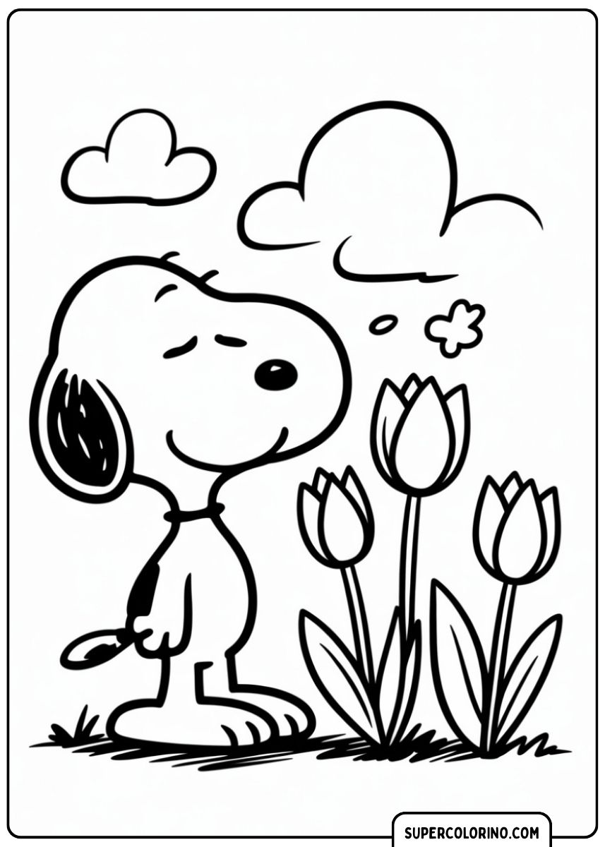 Coloriage Snoopy sent trois tulipes dans un jardin avec des nuages.